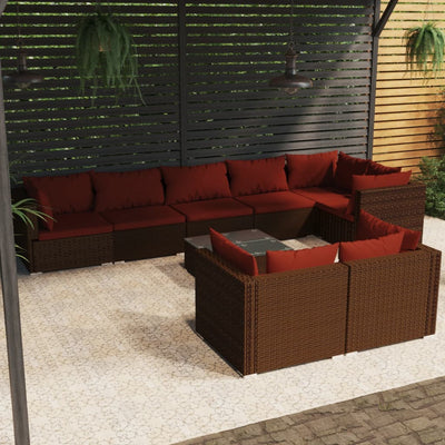 9 Piece Garden Lounge Set with Cushions Brown Poly Rattan