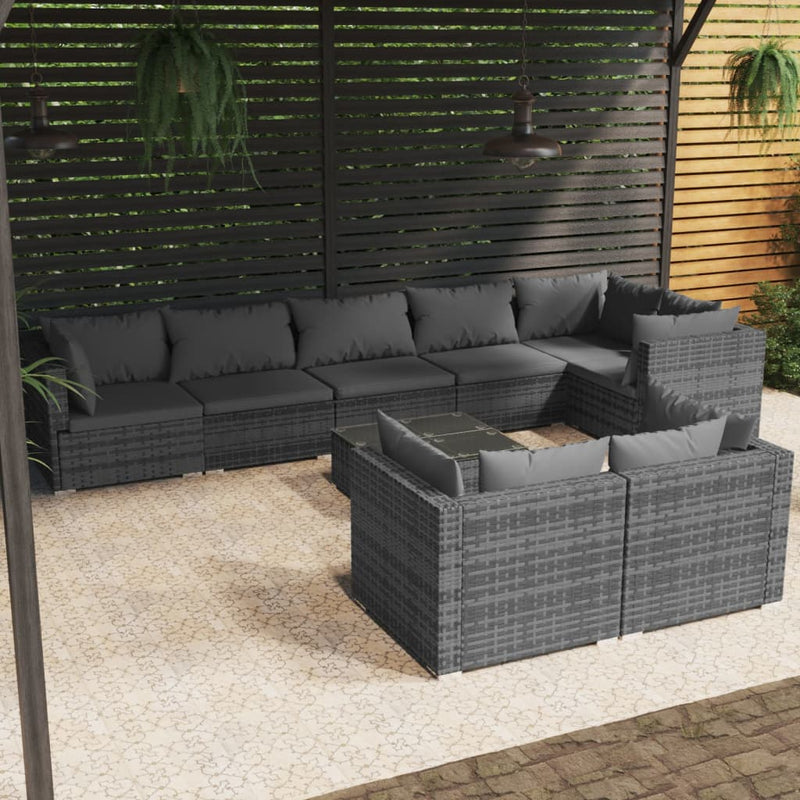 9 Piece Garden Lounge Set with Cushions Grey Poly Rattan