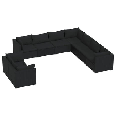 9 Piece Garden Lounge Set with Cushions Black Poly Rattan