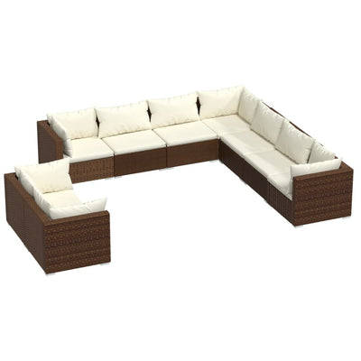 9 Piece Garden Lounge Set with Cushions Brown Poly Rattan