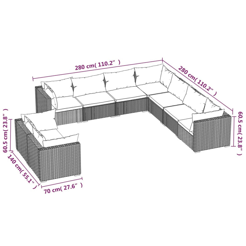 9 Piece Garden Lounge Set with Cushions Brown Poly Rattan