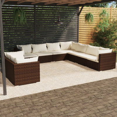 9 Piece Garden Lounge Set with Cushions Brown Poly Rattan