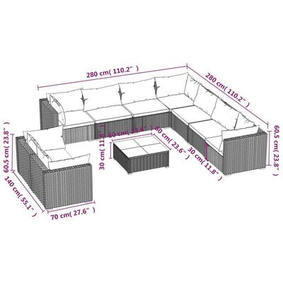 10 Piece Garden Lounge Set with Cushions Black Poly Rattan