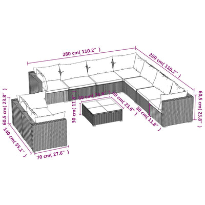 10 Piece Garden Lounge Set with Cushions Brown Poly Rattan