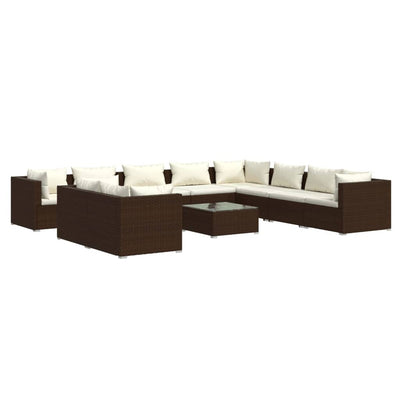 11 Piece Garden Lounge Set with Cushions Brown Poly Rattan