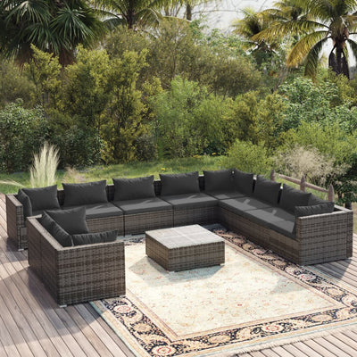 11 Piece Garden Lounge Set with Cushions Grey Poly Rattan