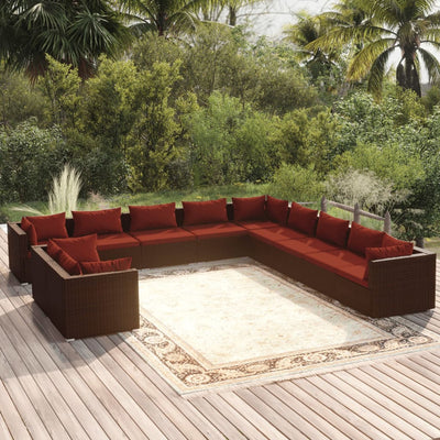 11 Piece Garden Lounge Set with Cushions Brown Poly Rattan