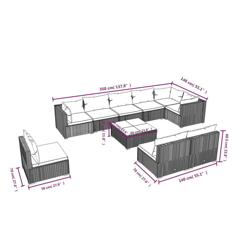 10 Piece Garden Lounge Set with Cushions Poly Rattan Grey