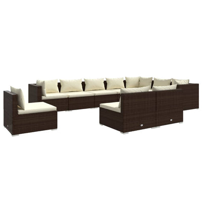 10 Piece Garden Lounge Set with Cushions Poly Rattan Brown