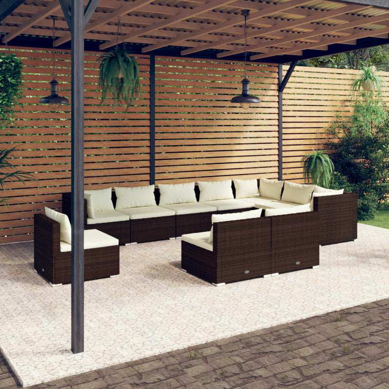 10 Piece Garden Lounge Set with Cushions Poly Rattan Brown