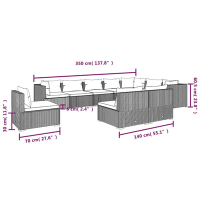 10 Piece Garden Lounge Set with Cushions Poly Rattan Grey