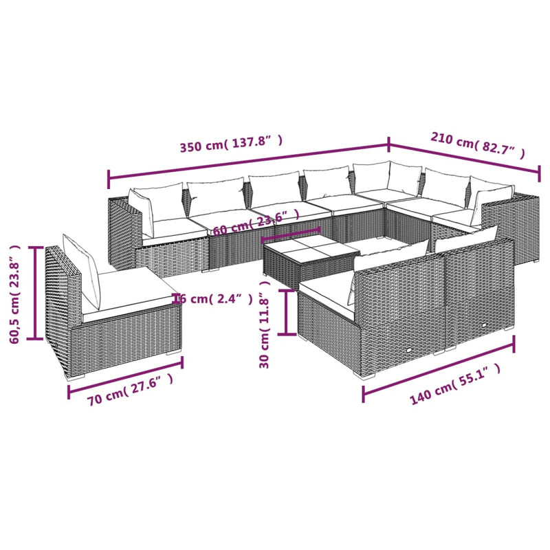 11 Piece Garden Lounge Set with Cushions Poly Rattan Grey