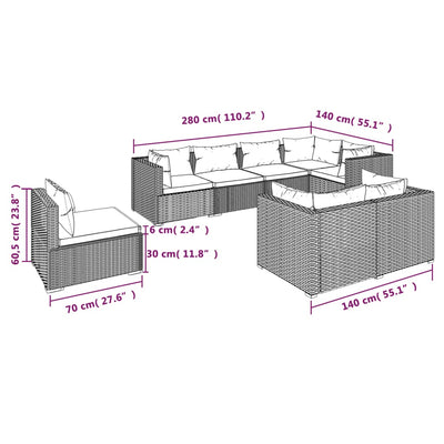 8 Piece Garden Lounge Set with Cushions Poly Rattan Grey