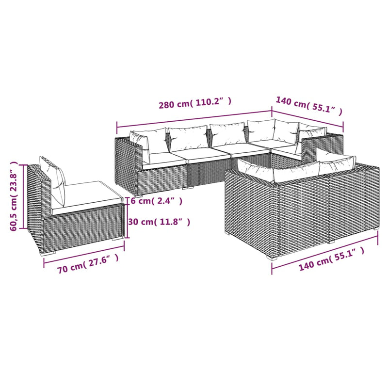 8 Piece Garden Lounge Set with Cushions Poly Rattan Grey