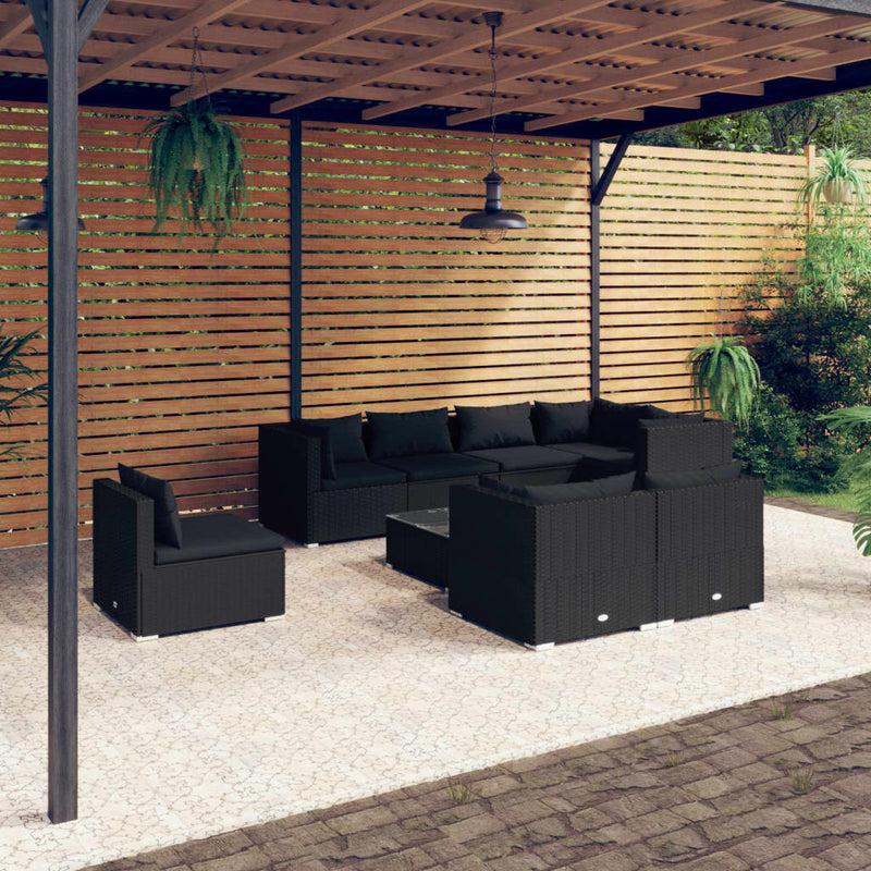 9 Piece Garden Lounge Set with Cushions Poly Rattan Black