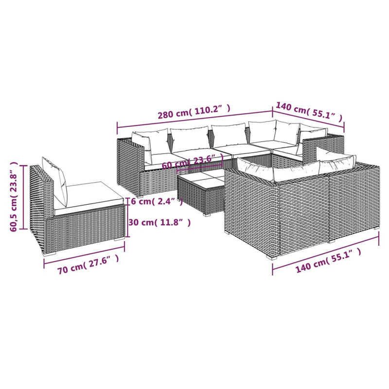 9 Piece Garden Lounge Set with Cushions Poly Rattan Brown