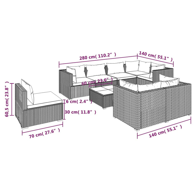 9 Piece Garden Lounge Set with Cushions Poly Rattan Grey