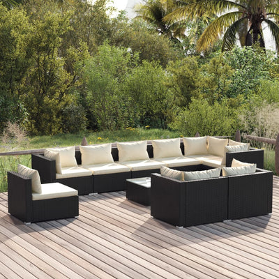 10 Piece Garden Lounge Set with Cushions Poly Rattan Black