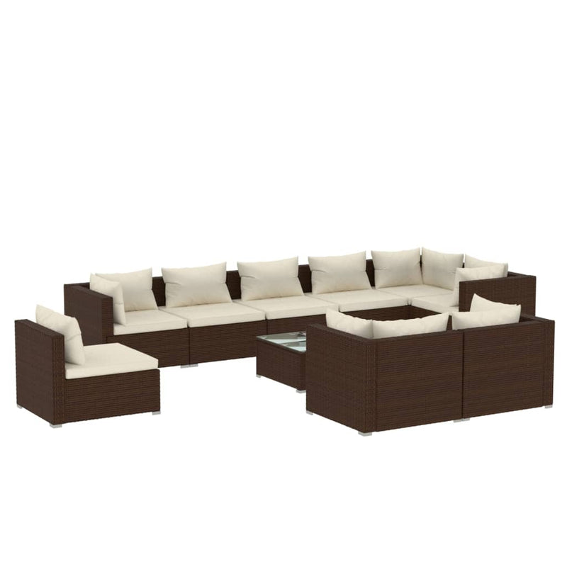 10 Piece Garden Lounge Set with Cushions Poly Rattan Brown