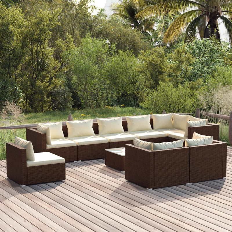 10 Piece Garden Lounge Set with Cushions Poly Rattan Brown