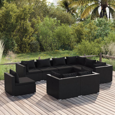 9 Piece Garden Lounge Set with Cushions Poly Rattan Black