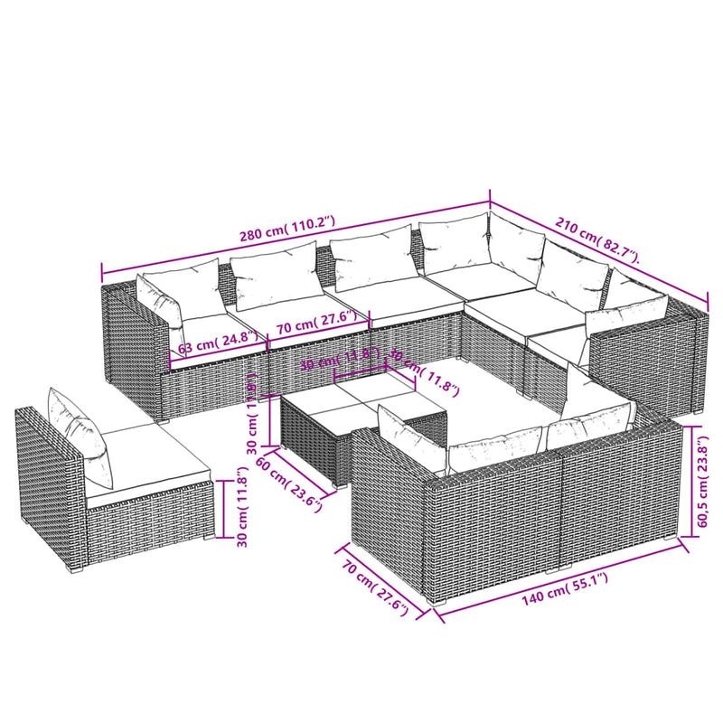 10 Piece Garden Lounge Set with Cushions Poly Rattan Black