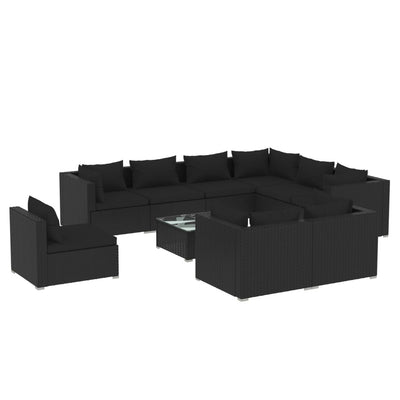 10 Piece Garden Lounge Set with Cushions Poly Rattan Black