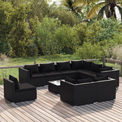 10 Piece Garden Lounge Set with Cushions Poly Rattan Black