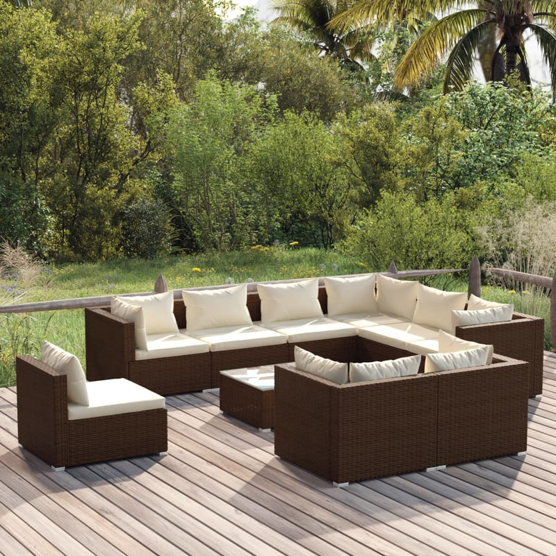 10 Piece Garden Lounge Set with Cushions Poly Rattan Brown