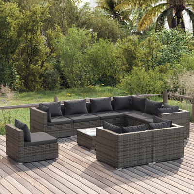 10 Piece Garden Lounge Set with Cushions Poly Rattan Grey