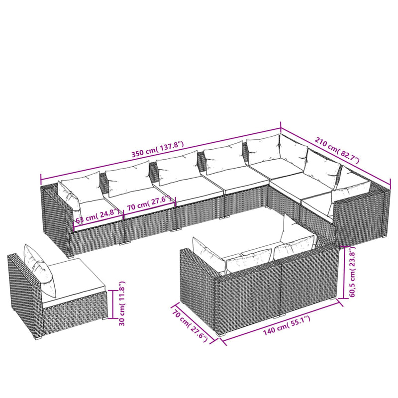 10 Piece Garden Lounge Set with Cushions Poly Rattan Grey