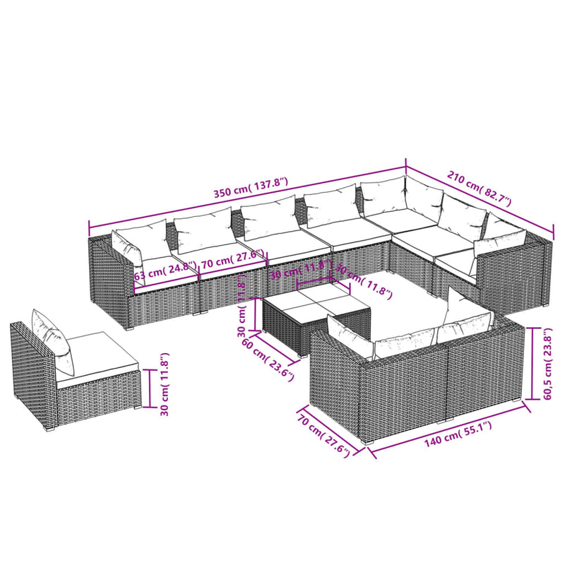 11 Piece Garden Lounge Set with Cushions Poly Rattan Brown