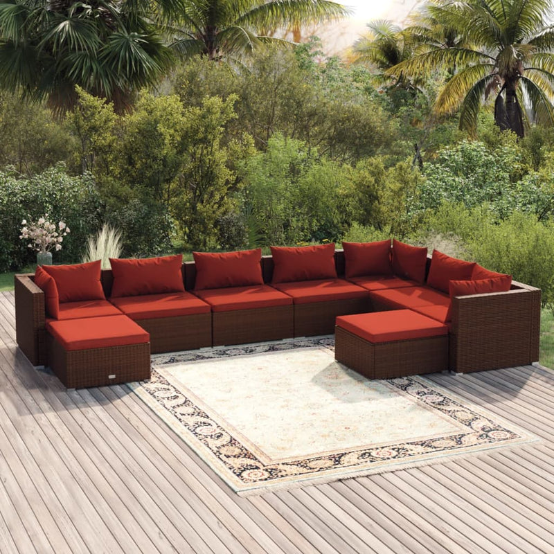 9 Piece Garden Lounge Set with Cushions Poly Rattan Brown