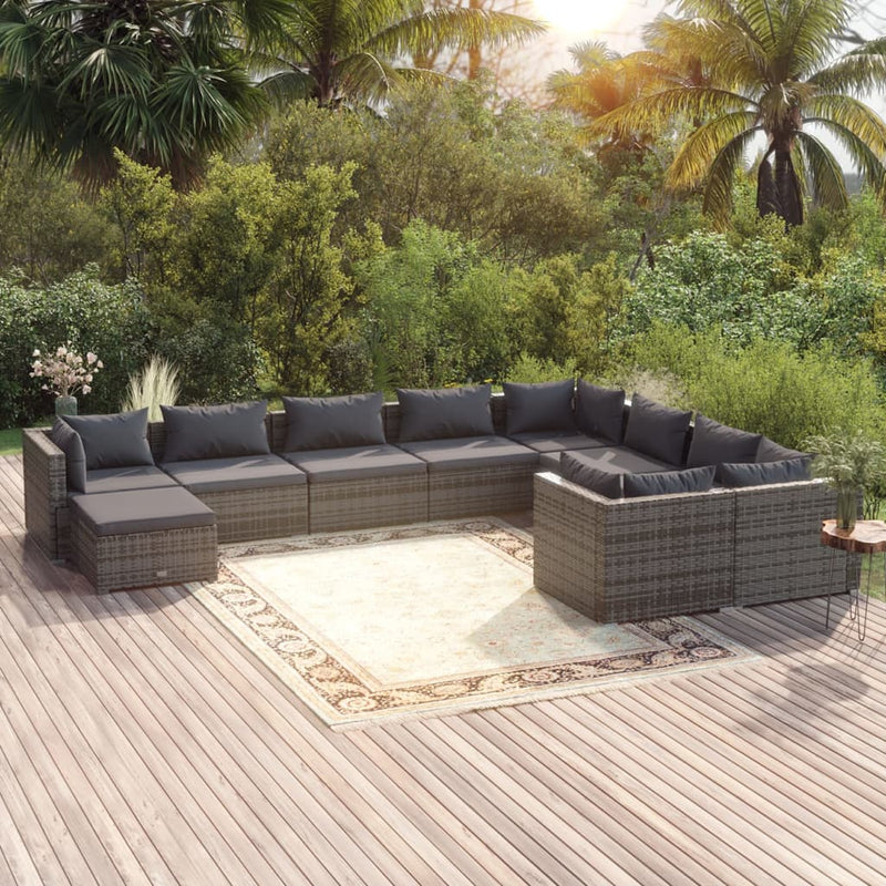 10 Piece Garden Lounge Set with Cushions Poly Rattan Grey