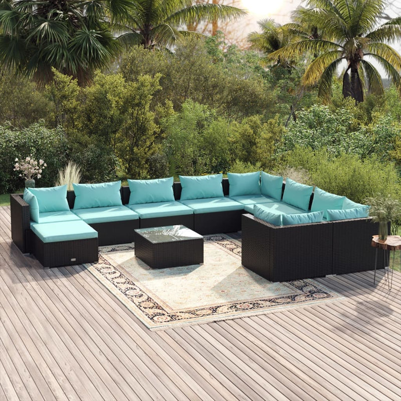 11 Piece Garden Lounge Set with Cushions Poly Rattan Black