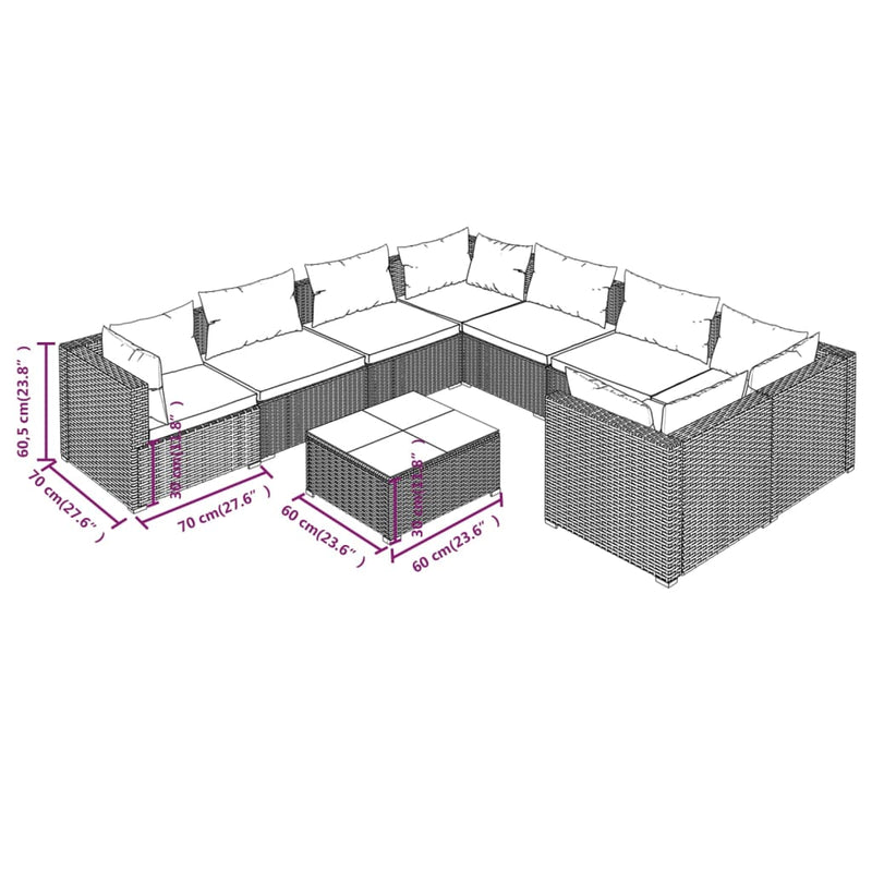 9 Piece Garden Lounge Set with Cushions Poly Rattan Grey