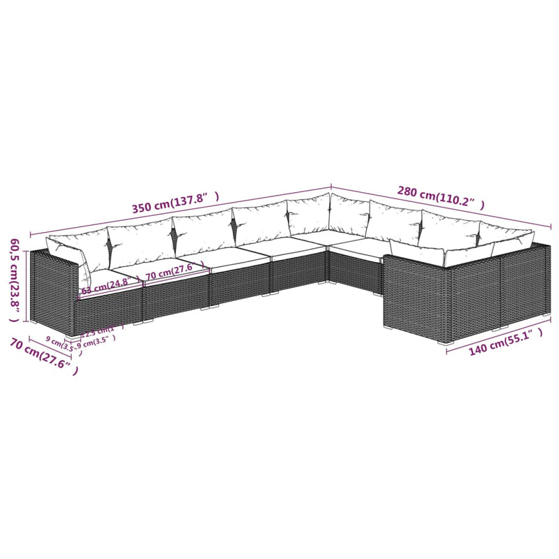 9 Piece Garden Lounge Set with Cushions Poly Rattan Grey