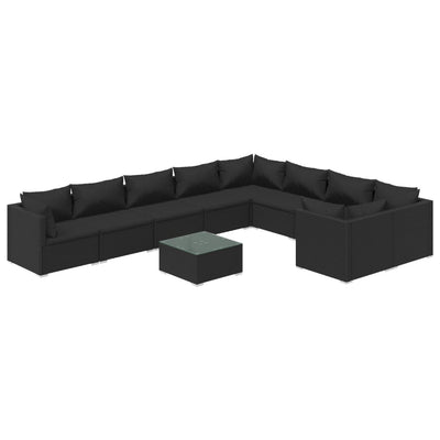 10 Piece Garden Lounge Set with Cushions Poly Rattan Black