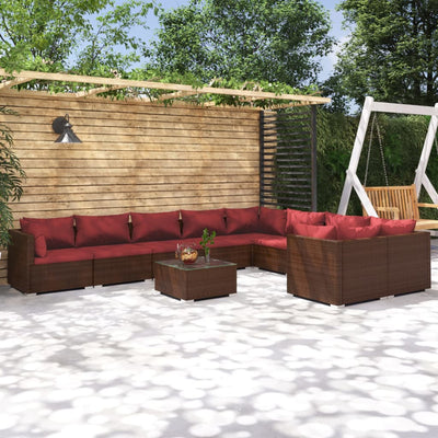 10 Piece Garden Lounge Set with Cushions Poly Rattan Brown