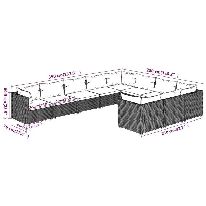 10 Piece Garden Lounge Set with Cushions Poly Rattan Grey