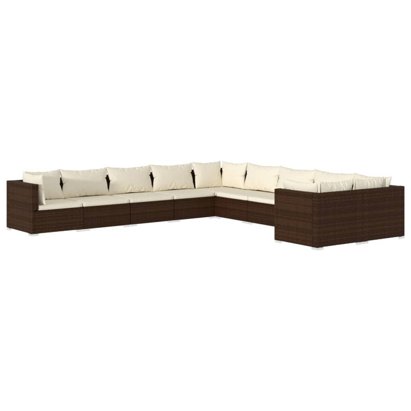 10 Piece Garden Lounge Set with Cushions Poly Rattan Brown