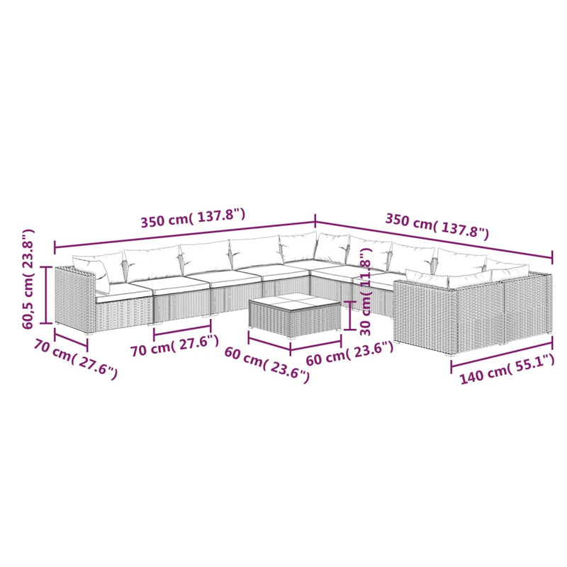 11 Piece Garden Lounge Set with Cushions Poly Rattan Brown