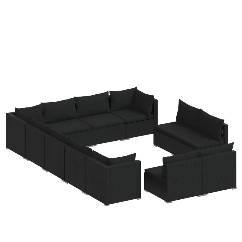 12 Piece Garden Lounge Set with Cushions Black Poly Rattan