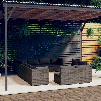 12 Piece Garden Lounge Set with Cushions Grey Poly Rattan