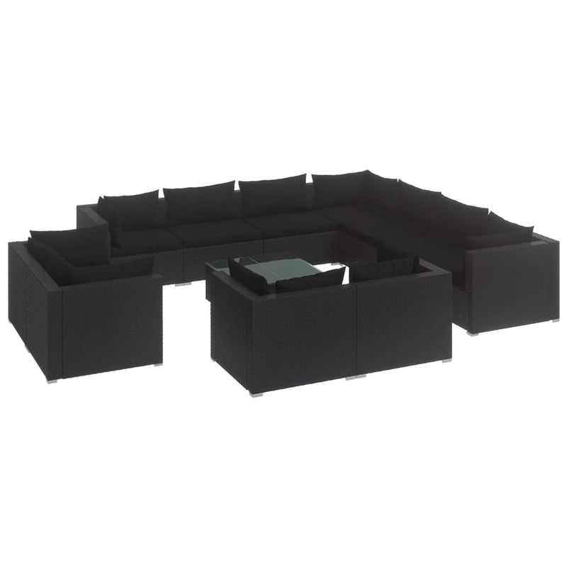 12 Piece Garden Lounge Set with Cushions Black Poly Rattan