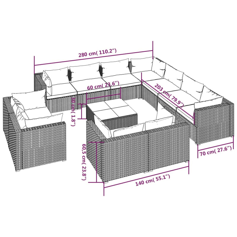 12 Piece Garden Lounge Set with Cushions Black Poly Rattan