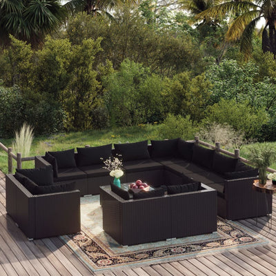 12 Piece Garden Lounge Set with Cushions Black Poly Rattan