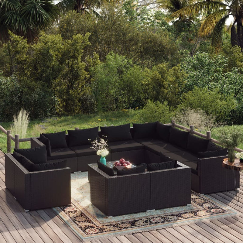 12 Piece Garden Lounge Set with Cushions Black Poly Rattan