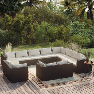 12 Piece Garden Lounge Set with Cushions Black Poly Rattan