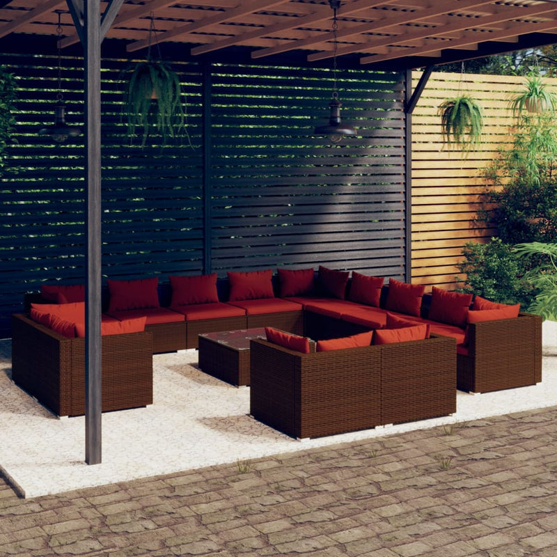 14 Piece Garden Lounge Set with Cushions Brown Poly Rattan